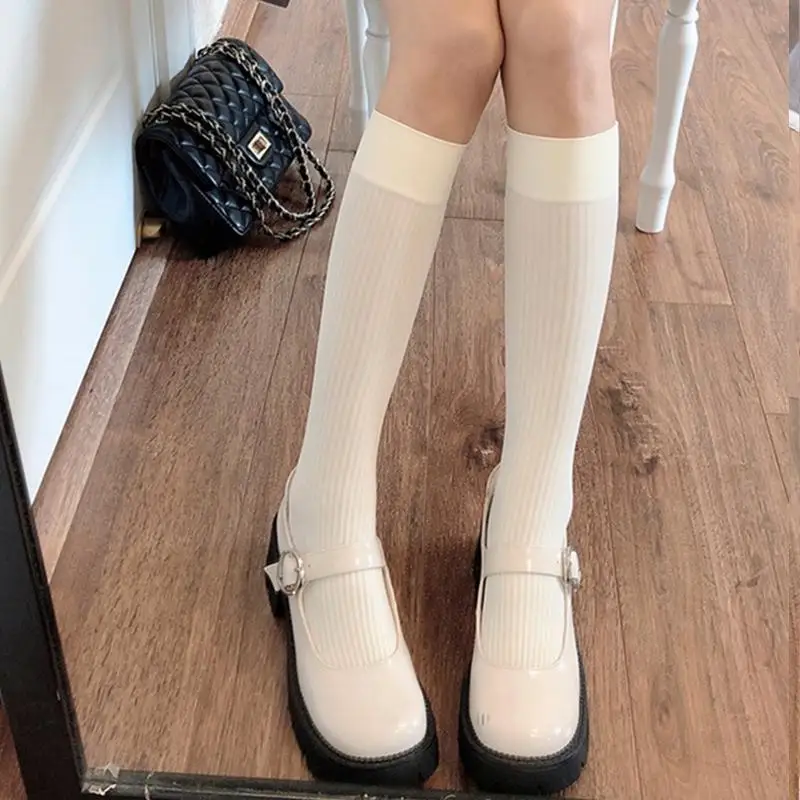 Y3NE Preppy Women Knee High Socks Sweet Milky White Black Vertical Striped Solid Color Uniform Thin Calf Stockings