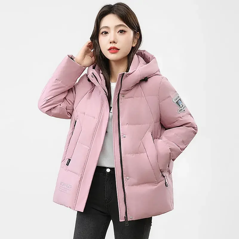 Jaqueta de manga comprida feminina com capuz, casaco grosso quente, pato branco para baixo, puffer parkas, roupa coreana, inverno