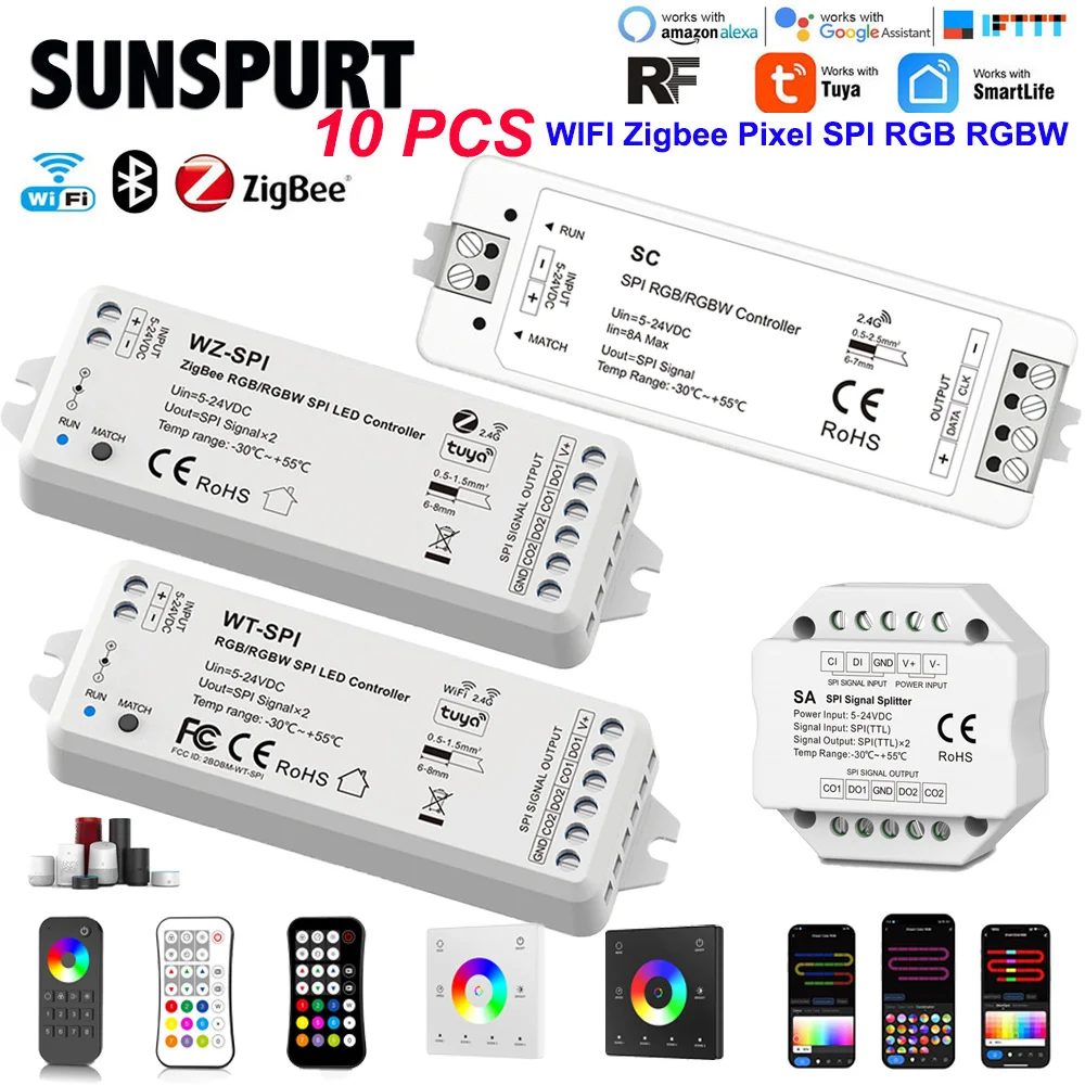 

5TUYA WiFi SPI светодиодный контроллер 5 В-24 В RGB RGBW IC адресная подсветка WS2812B WS2811 TM1809 SK6812 2,4G RF пульт дистанционного управления для Alexa