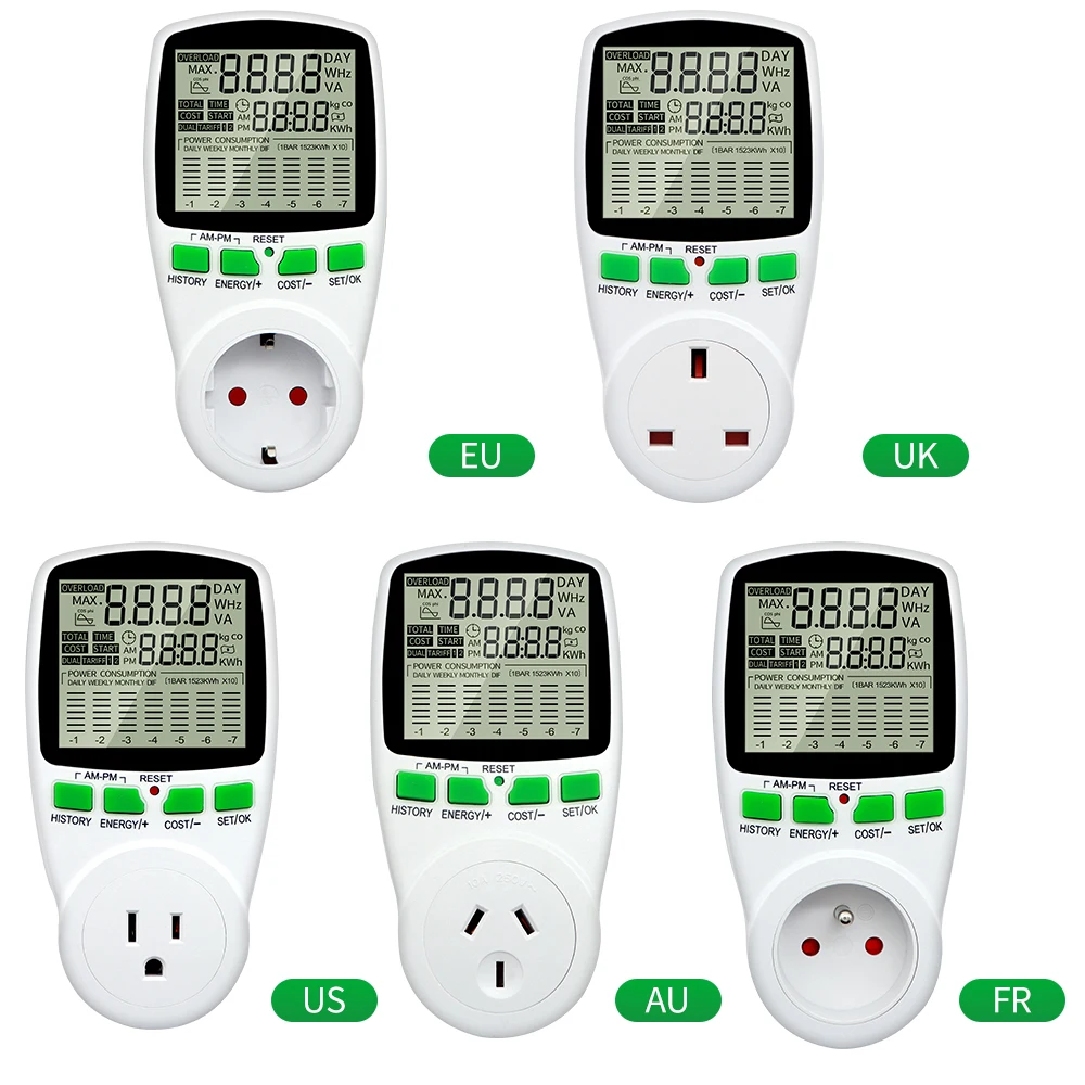 EU/FR/US/BR Plug Power Energy Meter Digital Voltage Wattmeter 220V AC Consumption Watt KWh Socket Electricity Analyzer Monitor