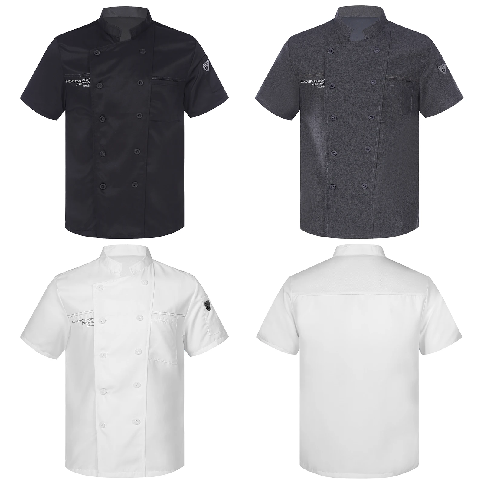 Mens Womens Chef Shirt Jacket Short Sleeve Stand Collar Kitchen Work Uniform for Canteen Hot Pot Restaurant Hotel Cooking Tops