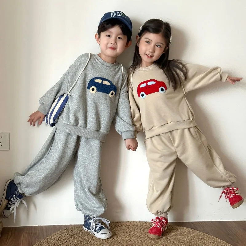 

2025 Cartoon Car Print Kids Sweatsuit Set 2PC Autumn Spring Loose Hoodie Elastic Waist Pants Boys Girls 1-12Y Casual Sportswear