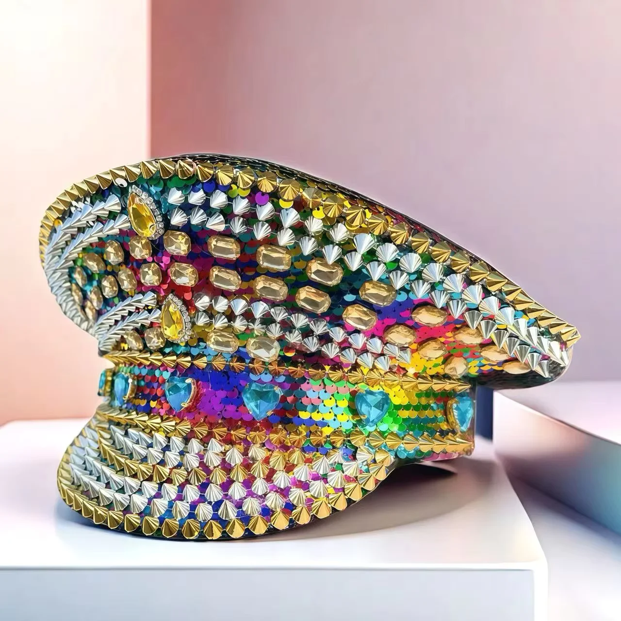 ホンルアン イエローレーザーレザーループキャプテンハット ラインストーン＆ミリタリーキャップ 女性用、レイブフェスティバルアクセサリー＆パーティーキャップ男性用