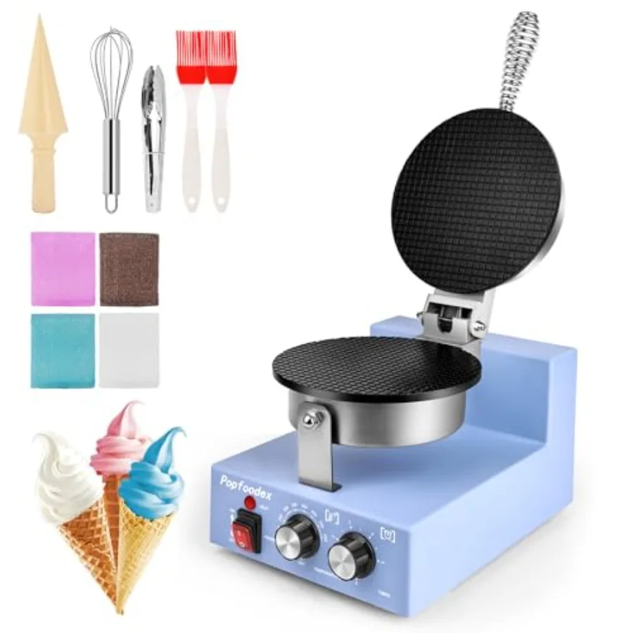 

Commercial Waffle Cone Maker 1200W with 8'' Non-stick Pan Adjustable Temp 122572F Shaper Roller Timer for Restaurants Brown