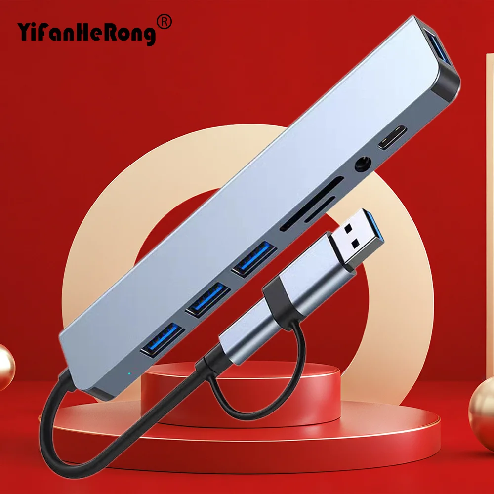 

8 портов USB C HUB USB A TYPE-C HUB Концентратор USB C Док-станция 5 Гбит/с Мультиадаптер SD TF Card Reader для MacBook Air PC
