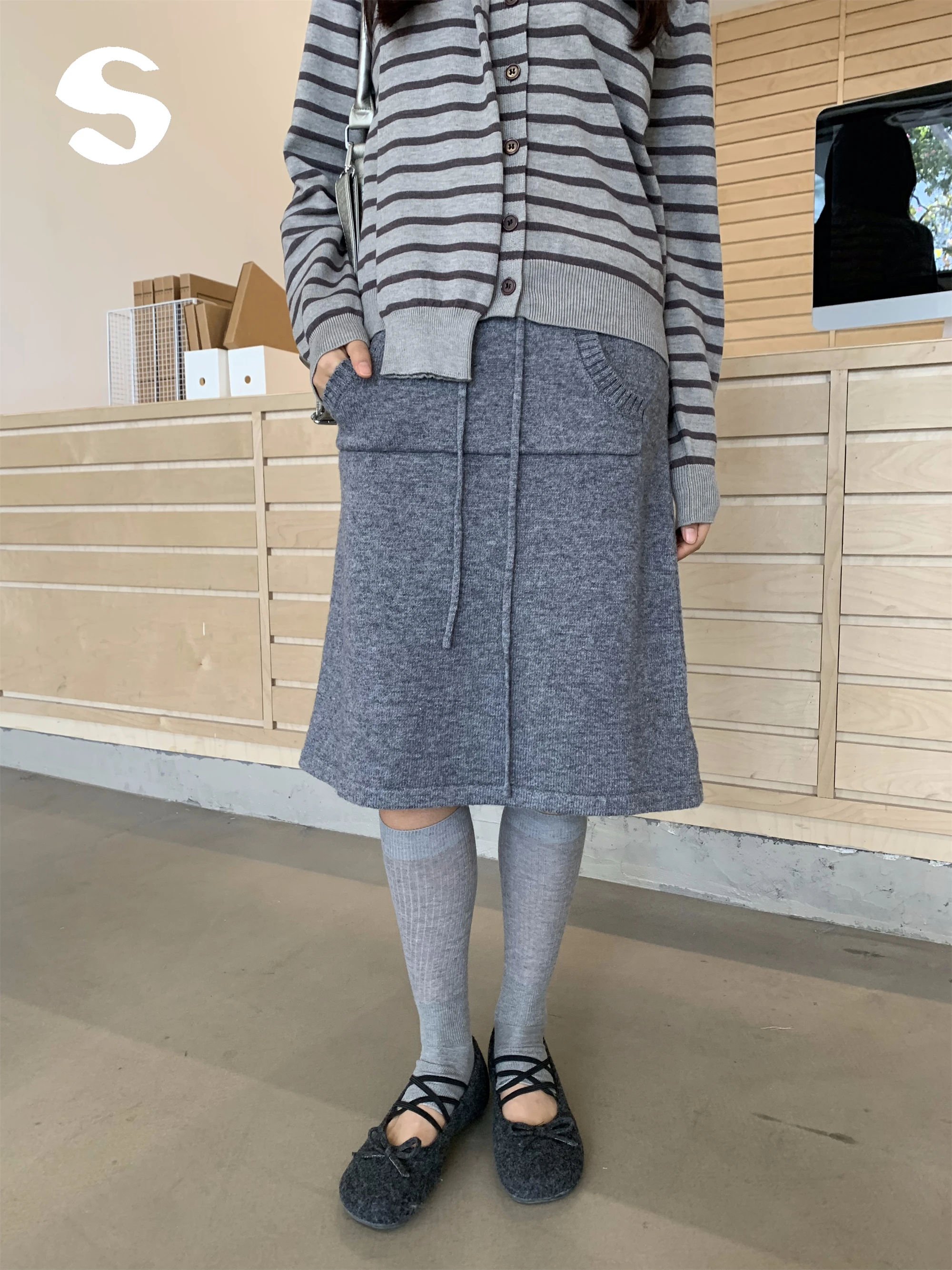 

Теплая шерстяная вязаная юбка средней длины с карманами на шнурке, универсальная, стройнящая, для женщин