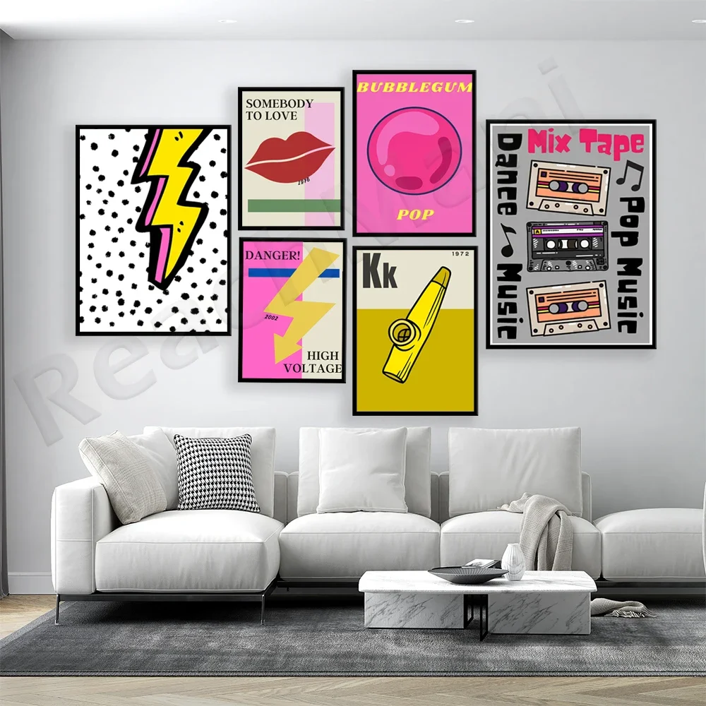 Music poster, vinyl record, cassette tape, big red lips, dangerous high voltage bright colorful print, gift for music lovers