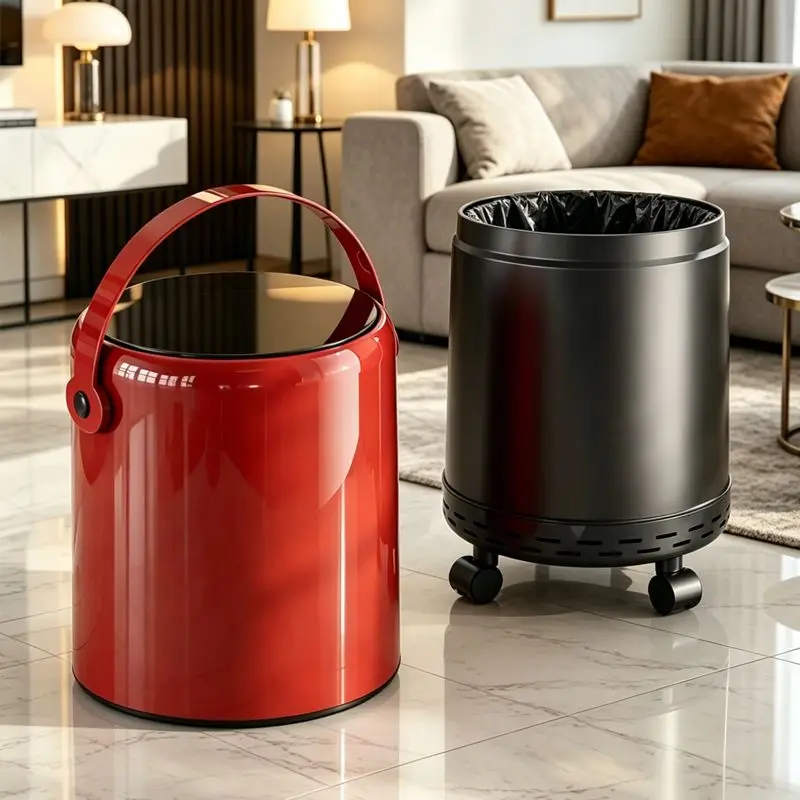 2 Pack Glossy Cylindrical Trash Cans, Red With Lid Handle, Black Wheels, Durable Plastic Waste Bins For Living Room Bedroom
