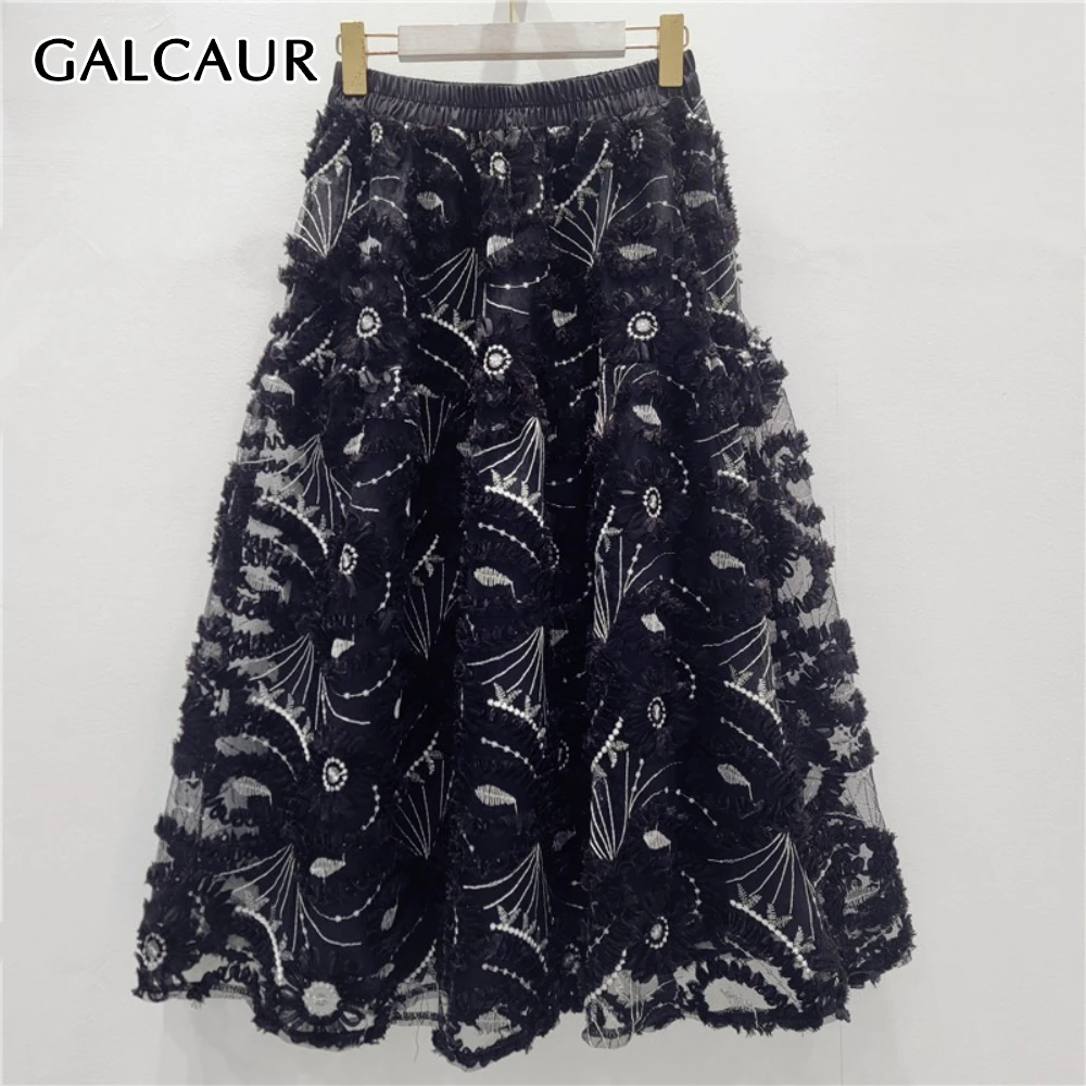 

GALCAUR Solid Spliced Crochet High End Skirt Female High Waist Loose Perspective Sexy Women's Skirts Autumn Fashion Style New