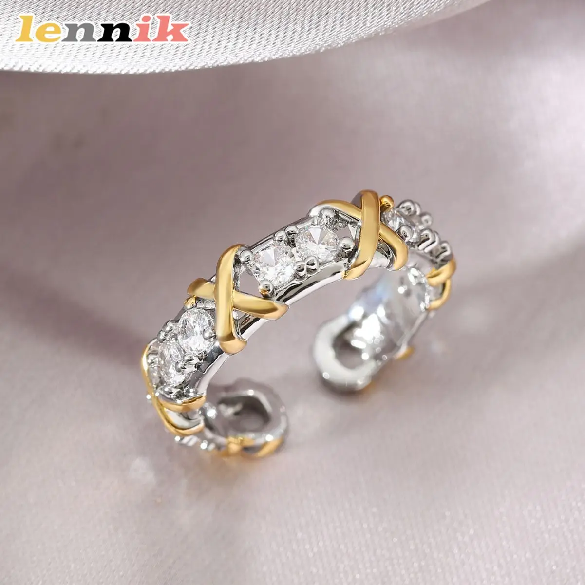 LENNIK Neuer zweifarbiger, mit Diamanten besetzter Ring, modischer, personalisierter, offener, verstellbarer Ring, leichter Luxus-High-End-Schmuck