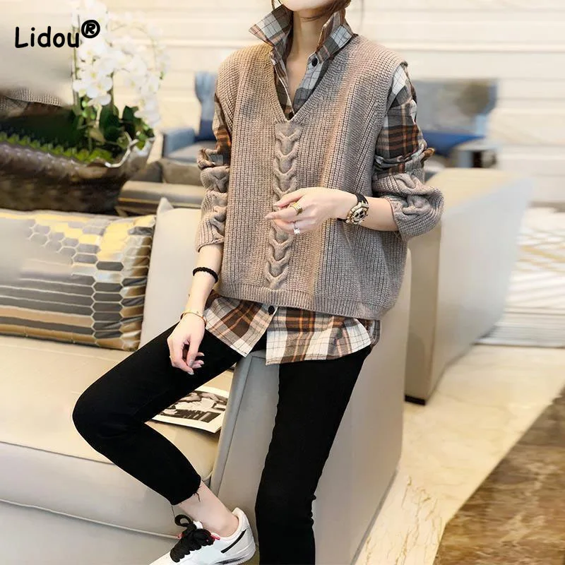 

Women's Knitted Spliced Plaid Button Shirt Autumn Winter Two Piece Sets Simplicity Fashion Loose Sweaters Vest Female Clothing