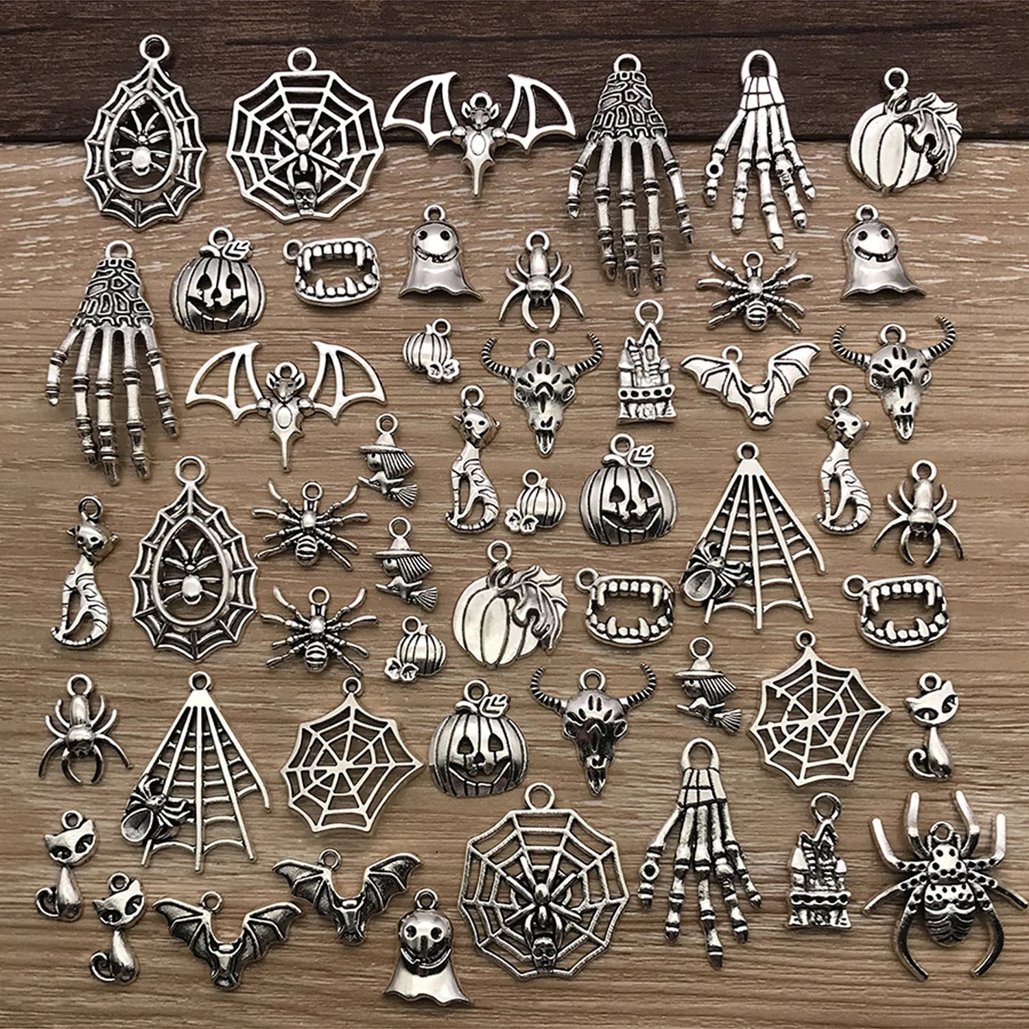 50pcs Halloween Charms – Vintage Silver Skulls, Bats & Spooky Pendants for Creepy-Cute DIYs! image 6