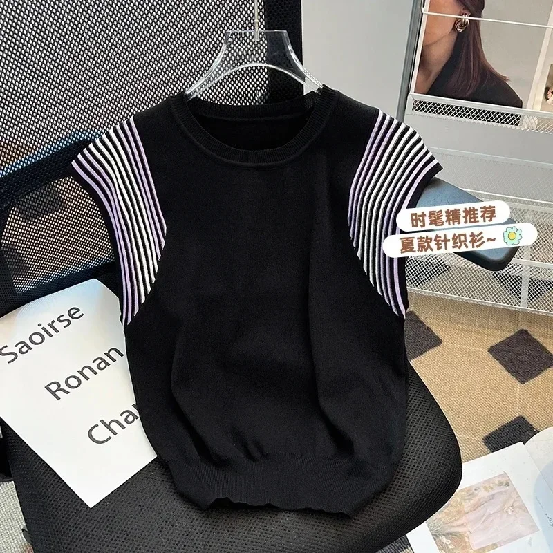 Summer Knit Vest Women T-shirt Vintage Korean Fashion O-neck Pullover Striped Sleeveless Sweater Tank Crop Top Ladies Waistcoat