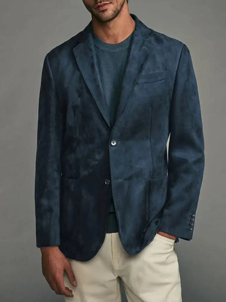 

Suede Men Blazers Coat Suits 2025 Autumn Outerwear Double Buttons Turn Down Collar Pockets Business Casual Blazer Suit Jacket