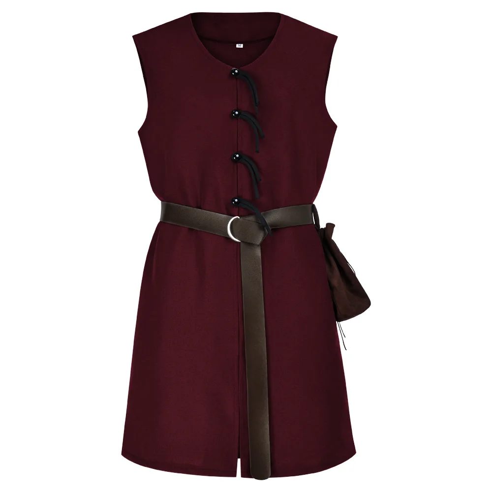 Medieval Viking Tunic Shirt V-Neck Sleeveless With Belt Mid Length Cosplay Performance Halloween Costume Pirate - view 3