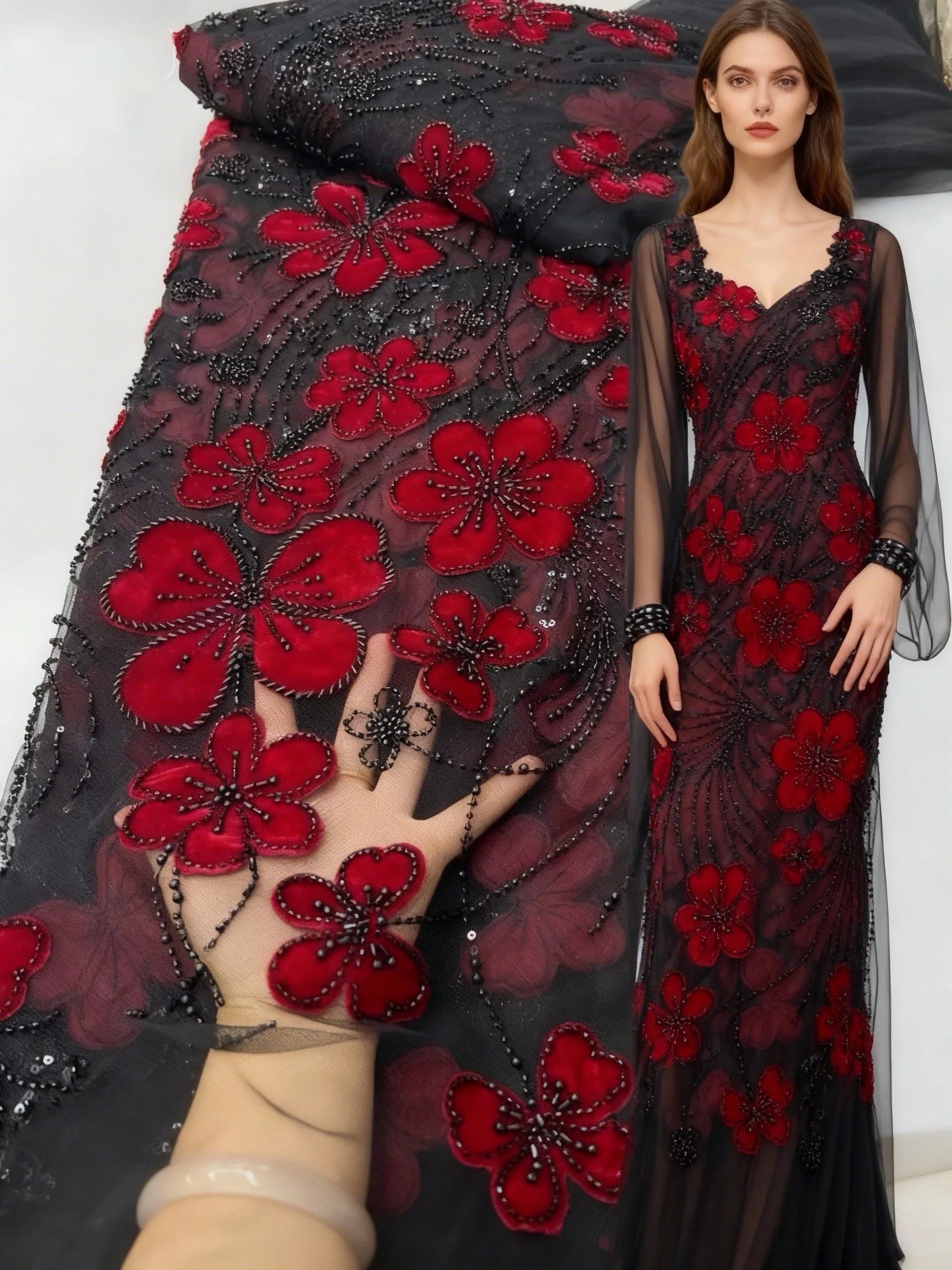 

Hot Sale Luxury African Beaded Lace 2026 High Quality 5 Yards Nigerian French Sequins Tulle Lace Fabric For Wedding Party Dress