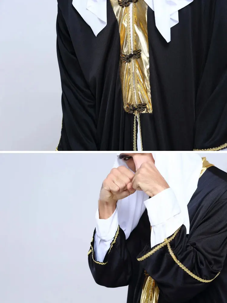 Adult Men Novelty Sultan Arabian Sheikh Costume Inner White Shirt + Out Long Robe Purim Halloween Party Fancy Dress