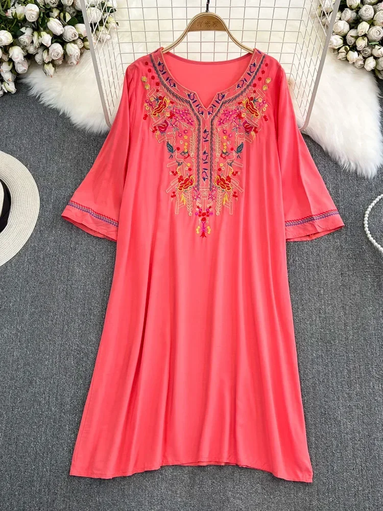 Women Summer Dress Vintage Bohemian Ethnic Style Embroidery Exotic Style Long Sleeve V-Neck Loose Elegant A-line Dress D5039