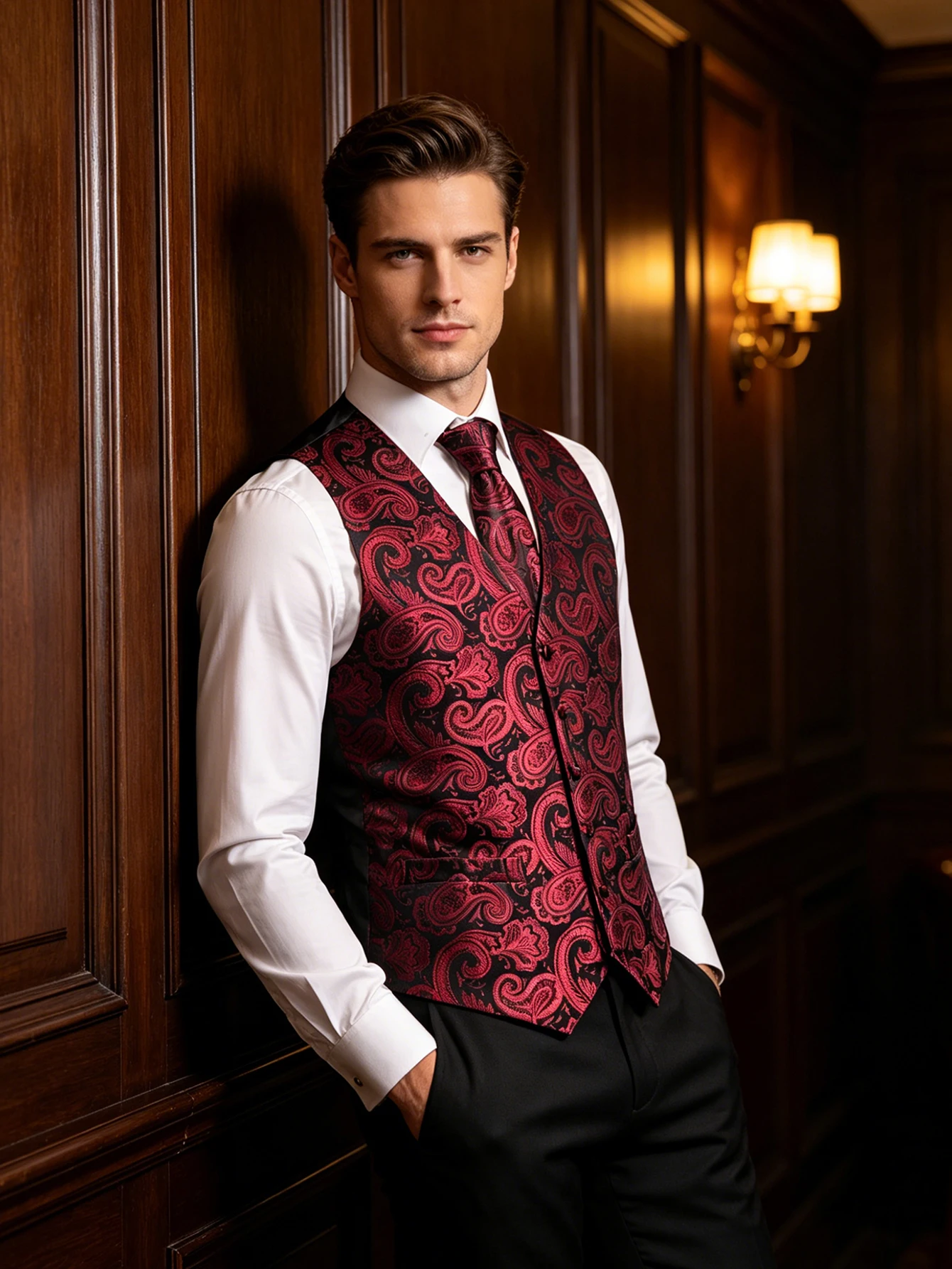 Black Burgundy Paisley Jacquard Vest Matching Set Tie Pocket Square Cufflinks For Wedding Banquet Engagement Gala