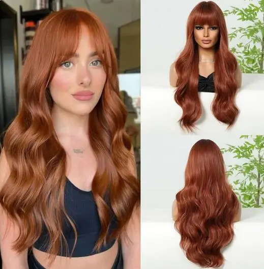 

Long Wavy Brown to Orange Ombre Wigs for Black Women Synthetic Wigs with Bangs Heat Resistant Fiber Christmas Party