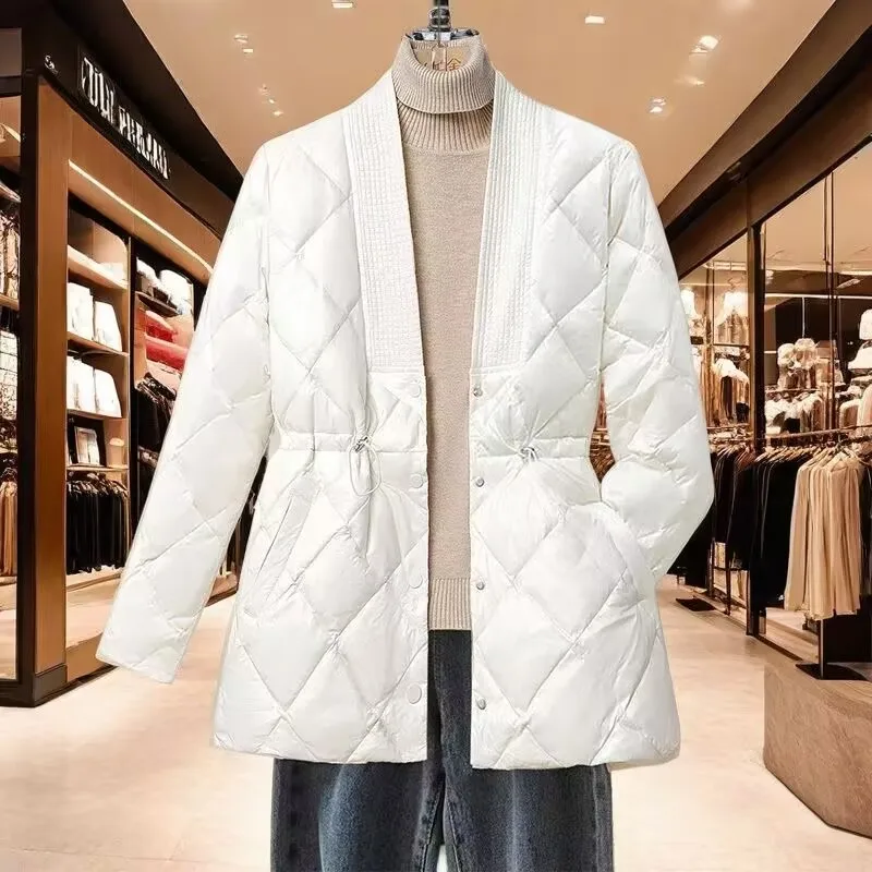 Korean 2025 Women Down Cotton Jacket Autumn Winter New Lingge Cotton Coat Female V-neck Waist Retraction Cotton Padded Parkas