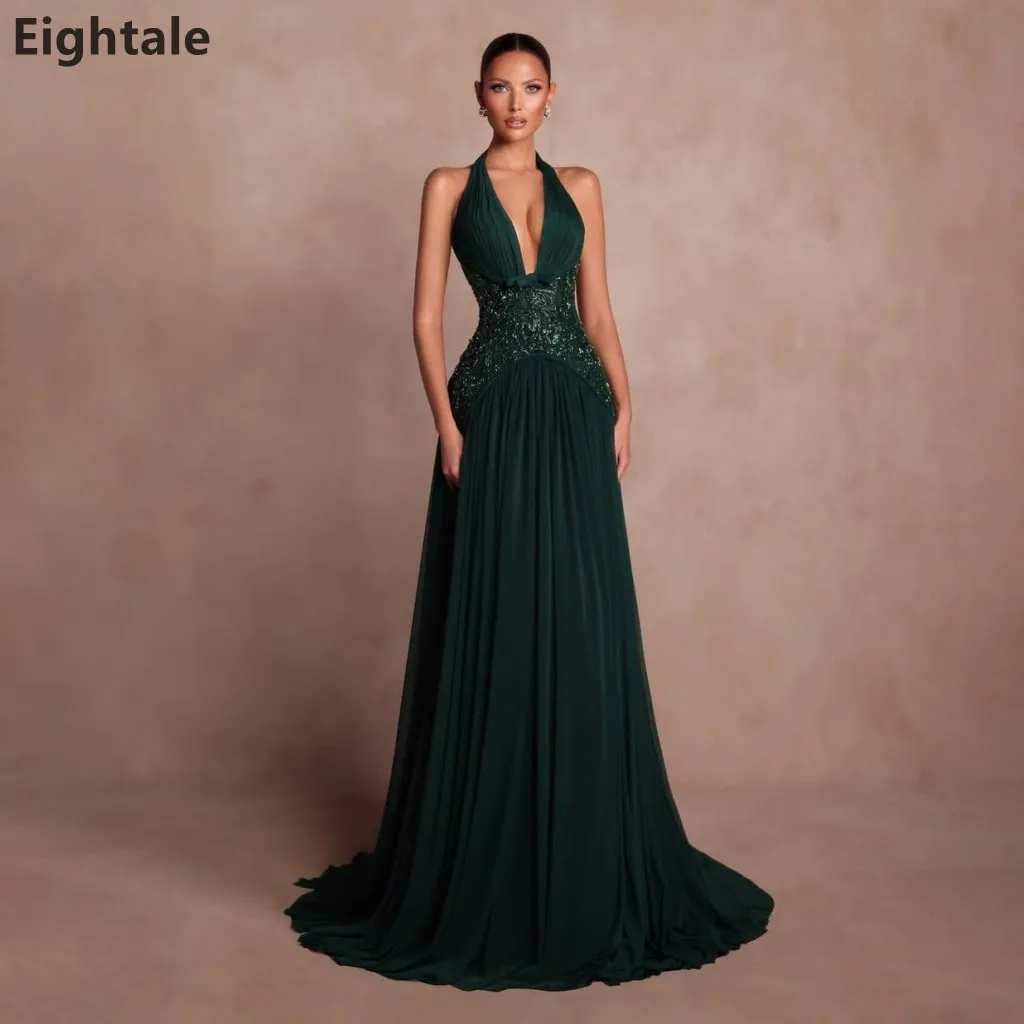 

Eightale 2026 Dark Emerald Green Halter Evening Dress Beaded Pleated Chiffon Floor Length Dubai Formal Party Gown Customized