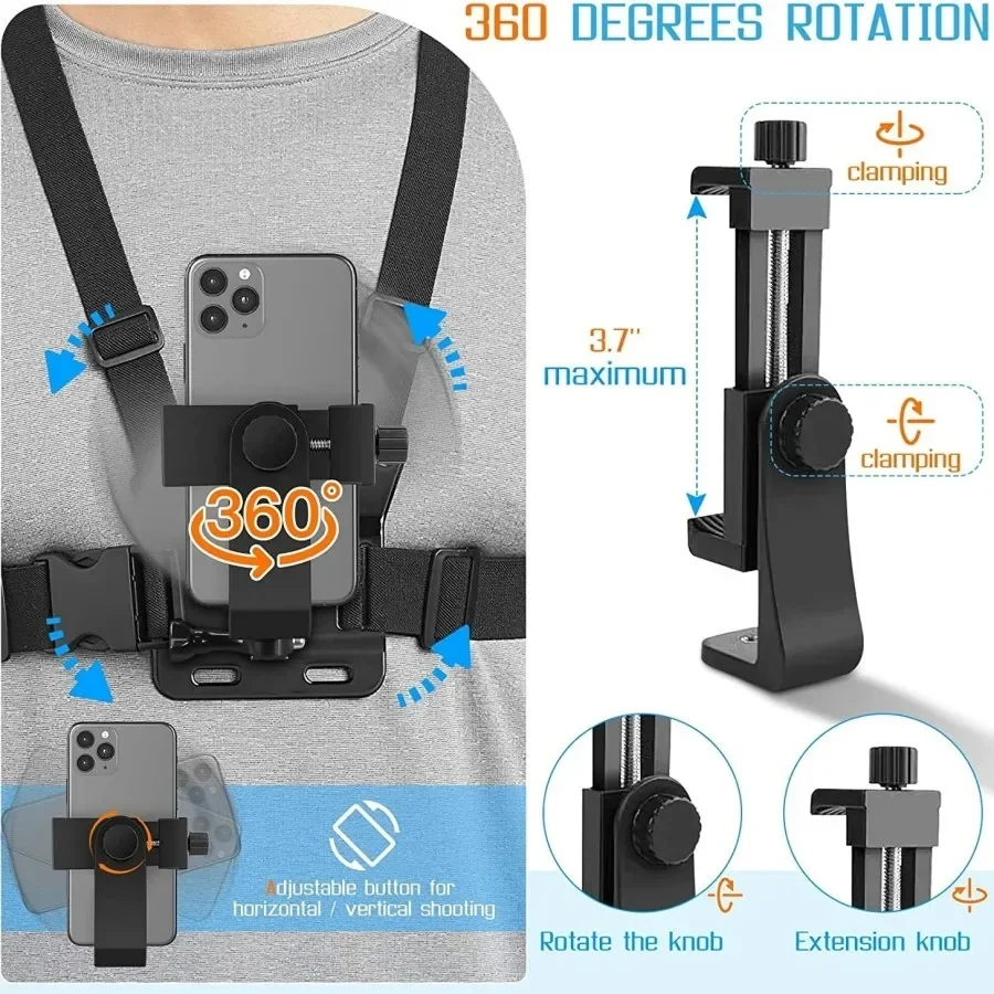 Action Camera Chest Harness, Phone Chest Strap Mount Belt for Iphone Mobile Smartphone for GoPro Hero 13 12 11 10 9 DJI Sports C