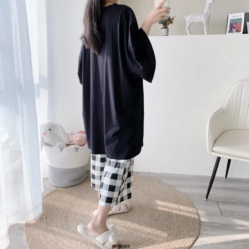 Plus Size 6XL 150KG Summer Women Pajamas Set O Neck Short Sleeve Tops and Pants Black Sweet Sleepwear Pajamas Suit