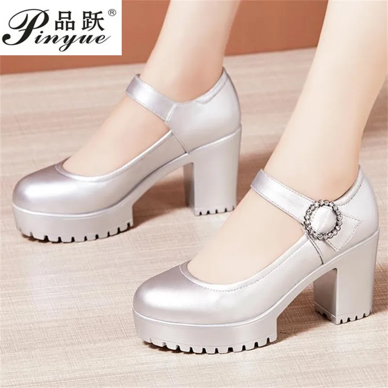 6cn 8cm 10cm high heels women's platform round toe Shallow mouth work shoes women's single shoes girls leather shoes size 32 43