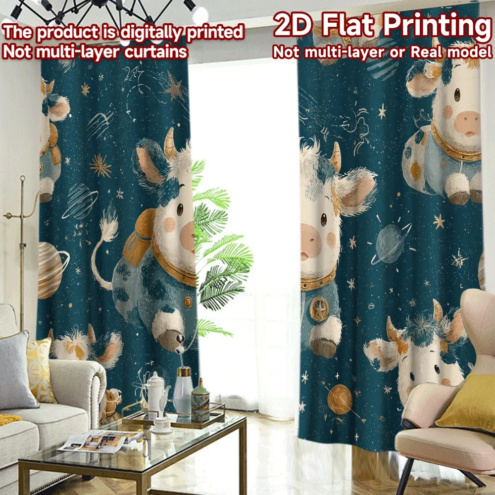 2D FLAT PRINTING 2pcs Curtains (Without Rod) Space Adventures with Cows Pattern Chic Curtains 100% Polyester Curtains Valentine