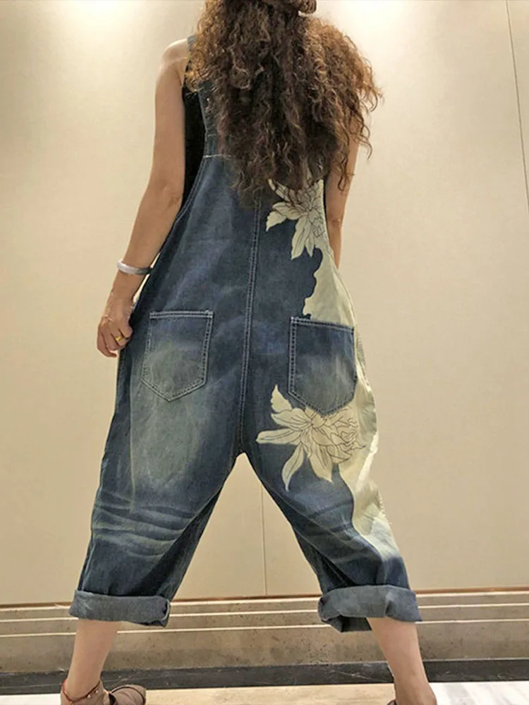 2023 Korean Females Fashion Overalls Ladies Spring Printed Denim Harem Pants Vintage Casual Jeans Womens Loose Vintage Trousers