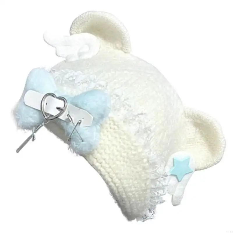 Y5JD Punk Cartoon Cartoon Hat مع أذن جميلة وعظام للرياضة في الهواء الطلق فروي بيني قبعة رأس كبيرة الحجم لفصل الشتاء #2