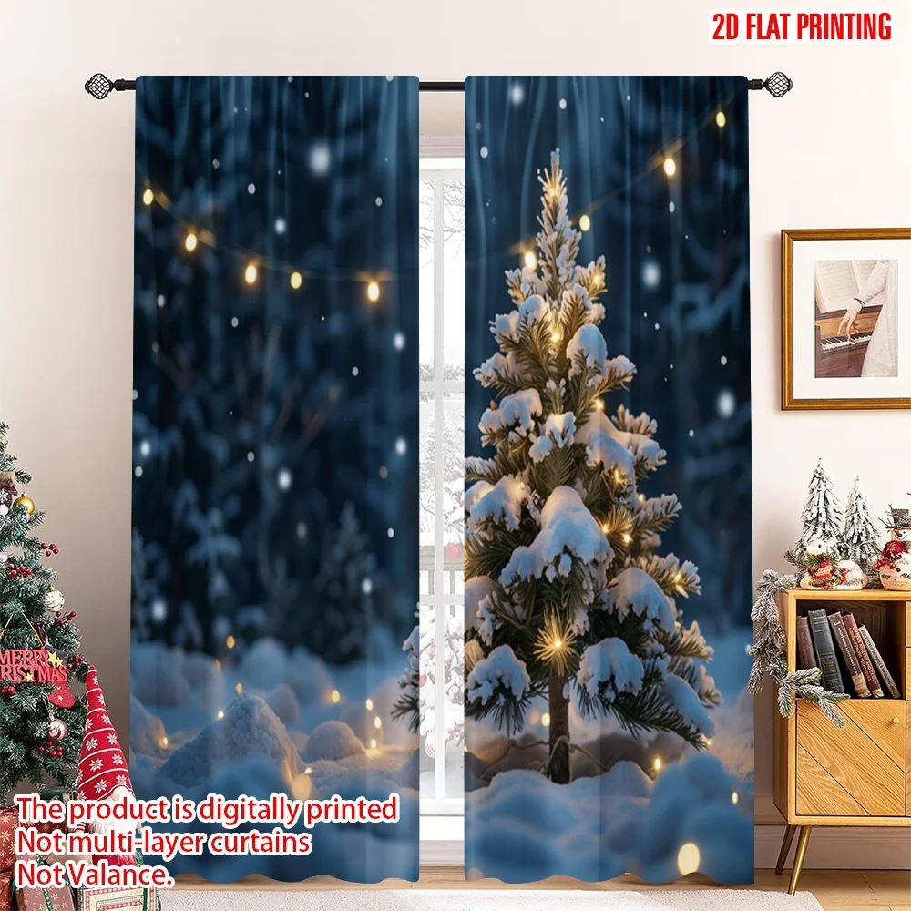 

2pcs 2D flat printing Merry Christmas Popular Window Drapes Snowy Fir Tree Lights Polyester Without Electricity Family Party for