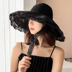 Black lace Summer Hats for Women Bucket Hat Beach Sunhat Large Wide Brim Anti-UV sweet Summer Cap for Women