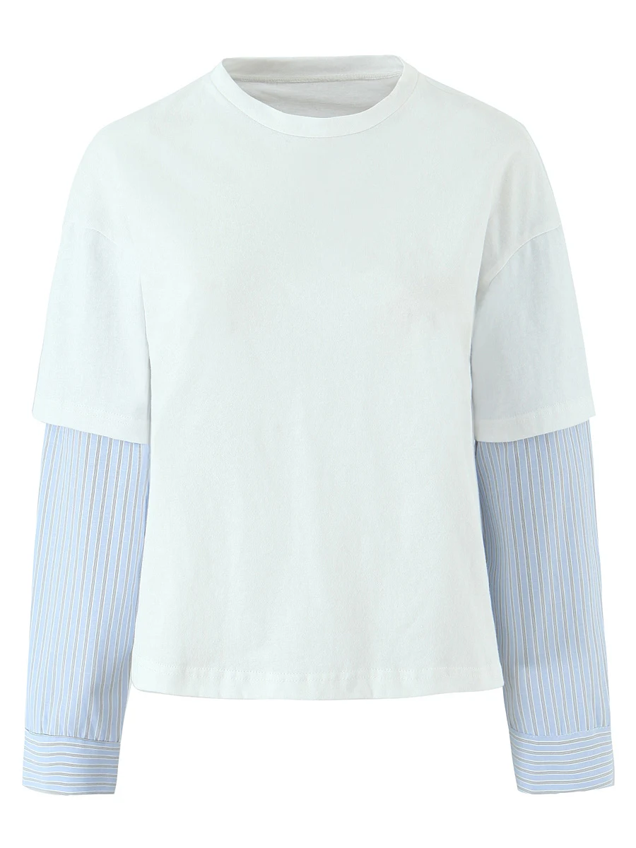 تي شيرت نسائي فضفاض طويل من American Sle تي شيرت نسائي مستدير Ne مخطط irt Sve مكون من قطعتين تي شيرت قطني متعدد الاستخدامات غير رسمي #1