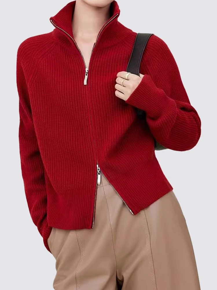 

Ele Red Long Sve Кардиган на молнии Облегающий вязаный свитер Двойная молния Открытая передняя шерстяное пальто Busin Commute Sle