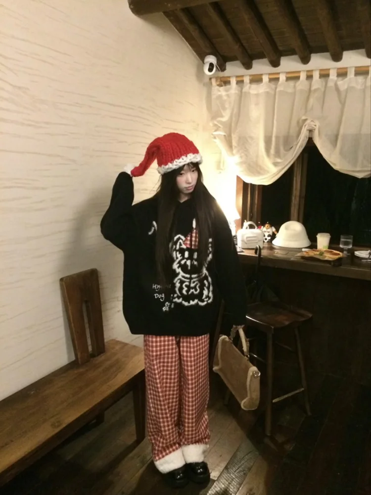 الأحمر منقوشة لامب المخملية المرقعة Fce المرأة فضفاضة بنطال ذو قصة أرجل واسعة الخريف الشتاء عادية عالية الخصر بنطلون طويل