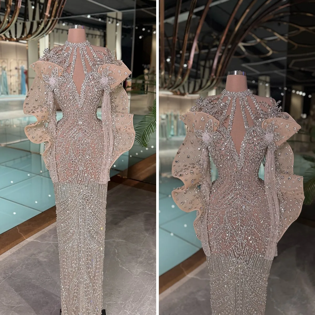 

Heavy Handmade Evening Dress Halter Sequined Prom Dresses Elegant Long Sleeves Floor Length Beaded Crystal Party Gown Customized