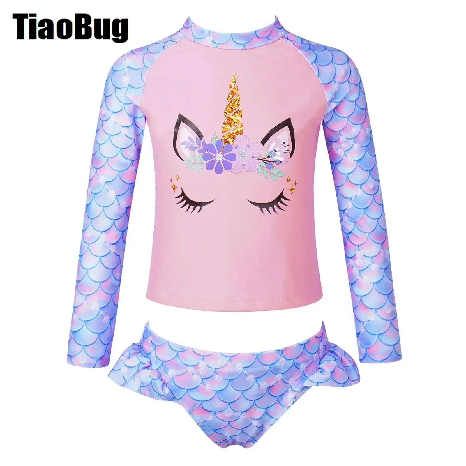 Kids Girls Cartoon Horse Print Swimsuit Round Neck Long Sleeves Cartoon Horse Print Tops And Briefs Set Beach Outfit Swimwear