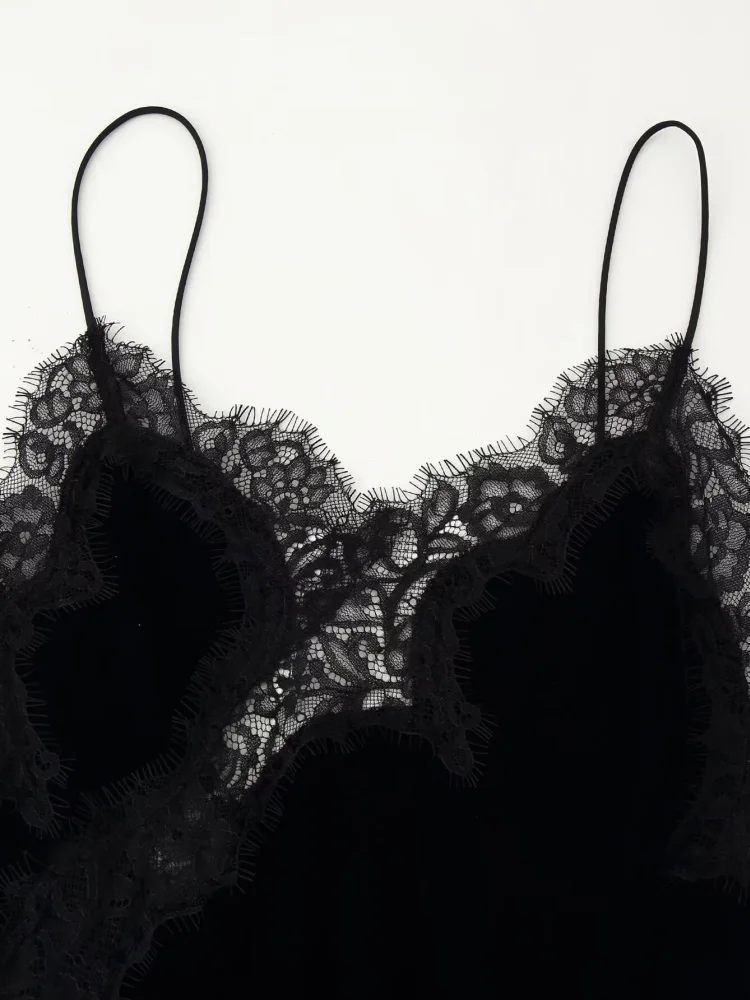 Été col en v sans manches dentelle asymétrique Mini robe licou femmes velours robe à bretelles femme Sexy plage vacances porter 2025