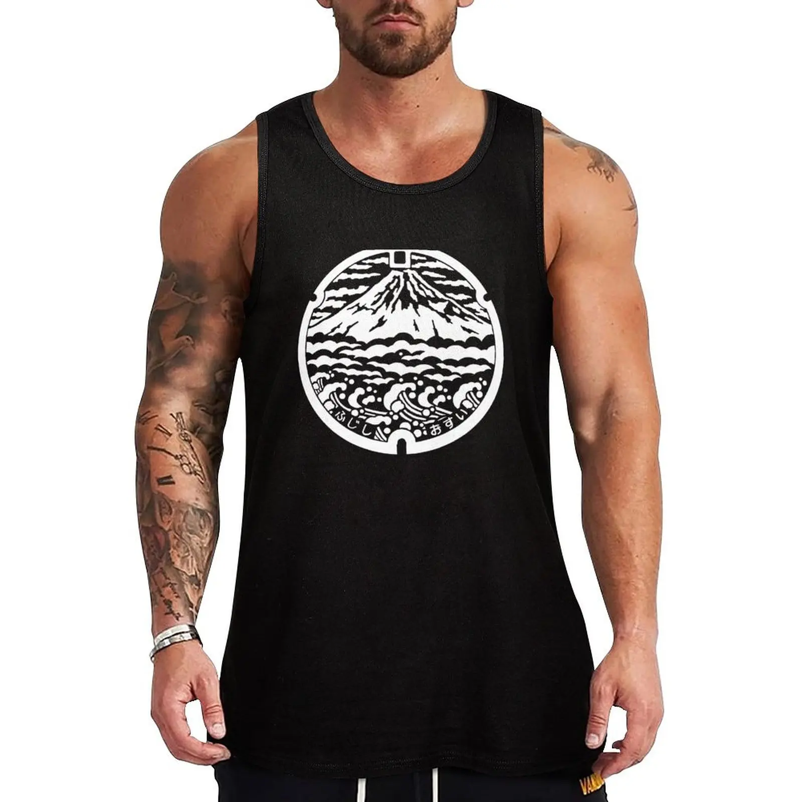 Camiseta sin mangas con estampado de la tapa de un alcantarillado del Monte Fuji de Japón, camiseta sin mangas de tela elástica, cómoda y flexible, sin mangas