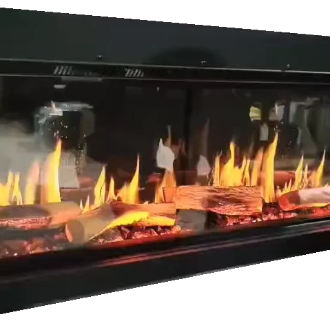 Display Modern Holographic Interior Three-Sided Electric Built-In Metal Fireplace Insert Heating Function LCD Flame