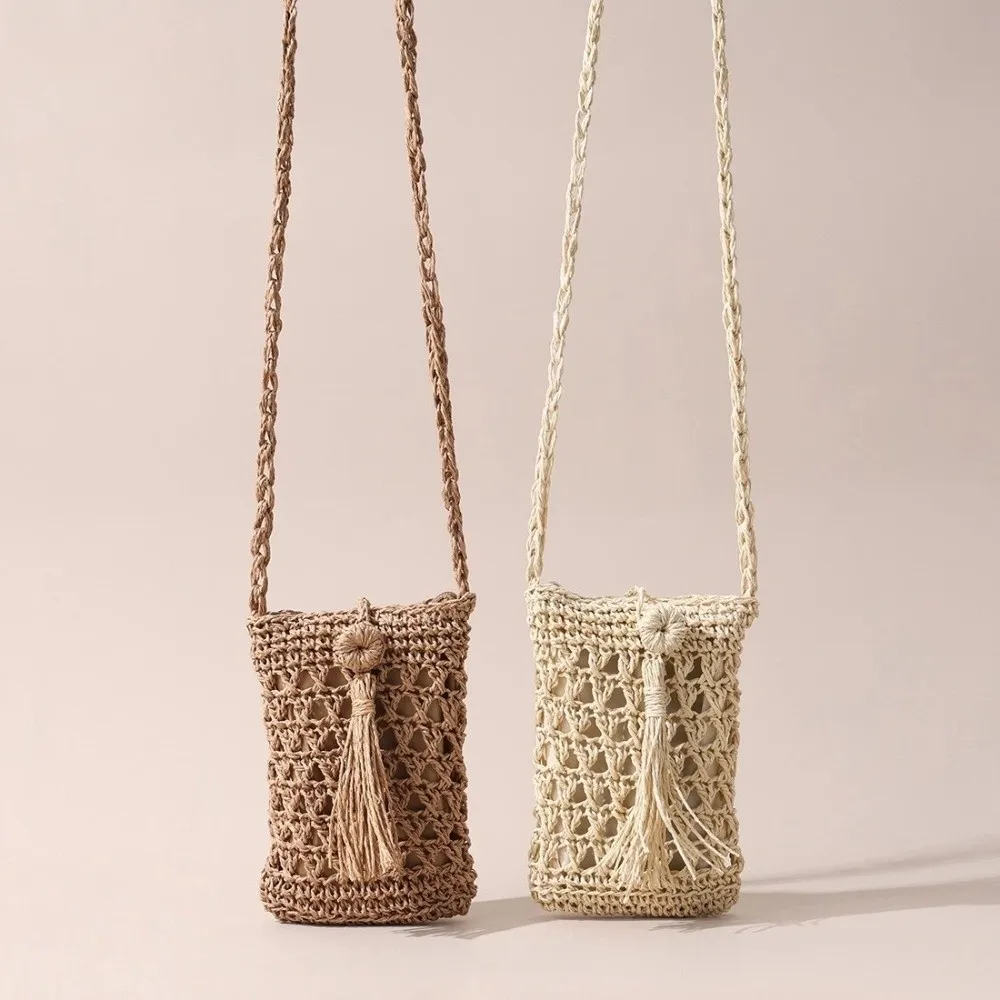 New Boho Style Crossbody Bag Small Square Bag Mini Size Cell Phone Bag Beige Khaki Hand-woven Purse for Women Girls