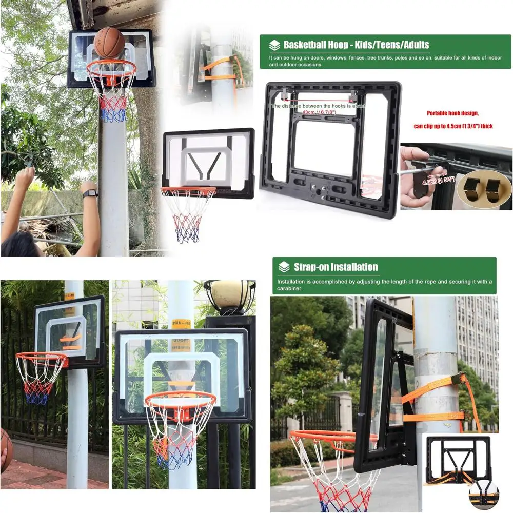 

Suspended Basketball Hoop and Goals with PVC Backboard, Rim Kit, Strap/Hooks, Mounts to Round or Vertical Poles, 80 x 58 cm Outd