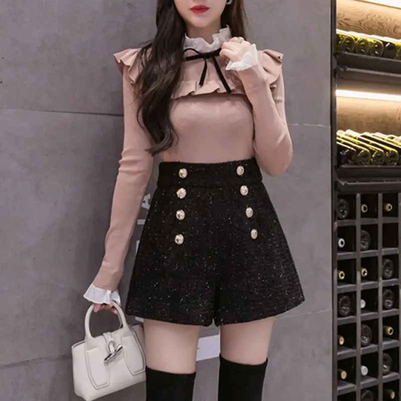 Shorts Women Vintage Double-breasted Casual High Waist A-Line Wide Leg Female Bottoms Buttons Elegant Office Lady Sexy TT516