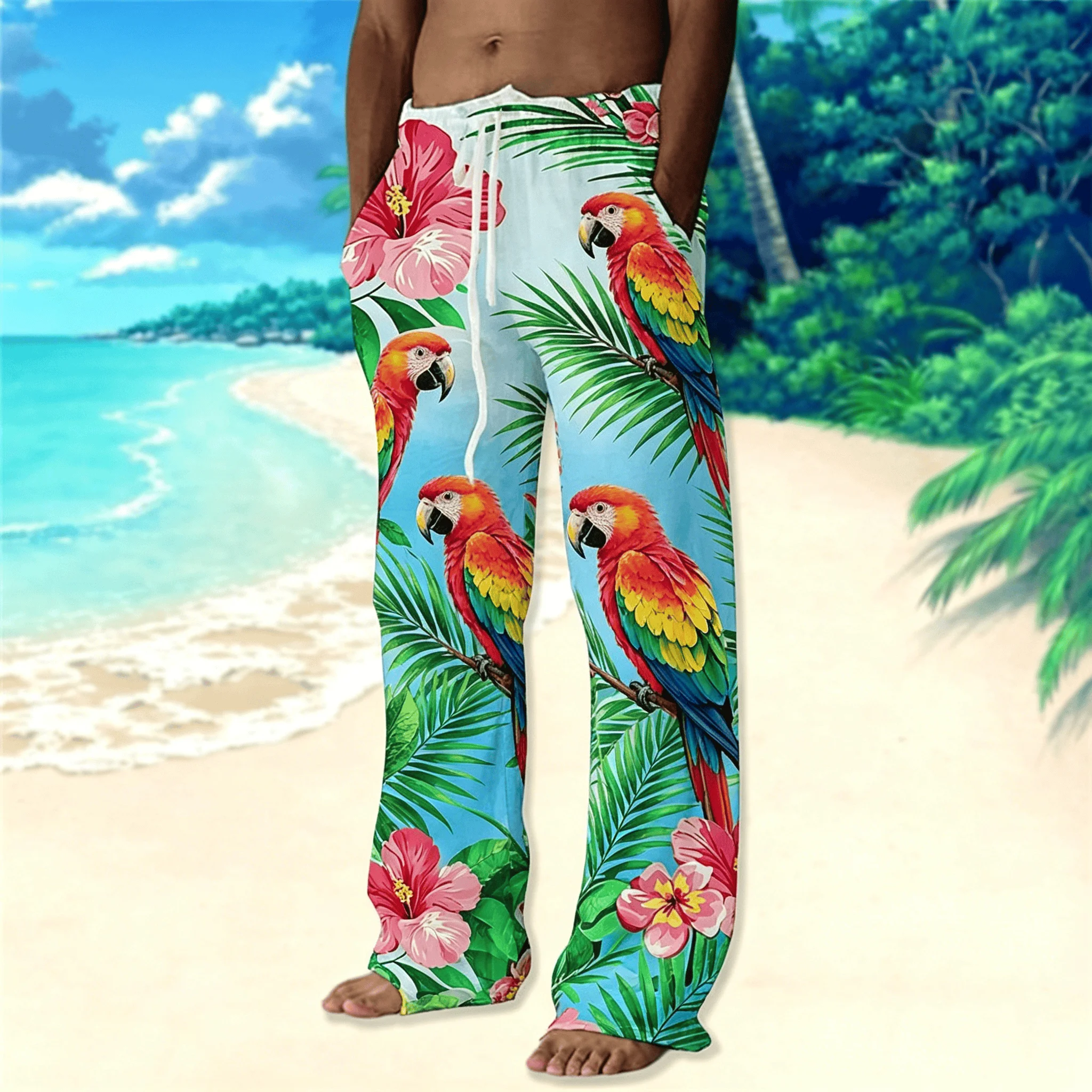 Men's Pink Hibiscus Palm Print Drawstring Wide Leg Pants, Tropical Hawaiian Straight Pants for Spring & Summer