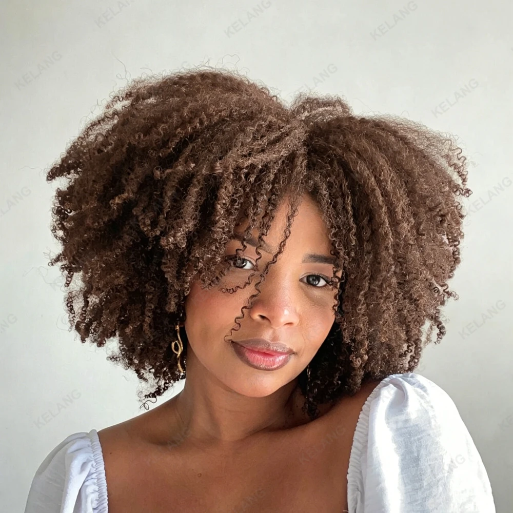 Chocolate Brown Afro Kinky Curly Hair Short Bob Wig Ombre 100% Human Hair Wig Honey Blonde 250% Density Glueless Wig With Bangs