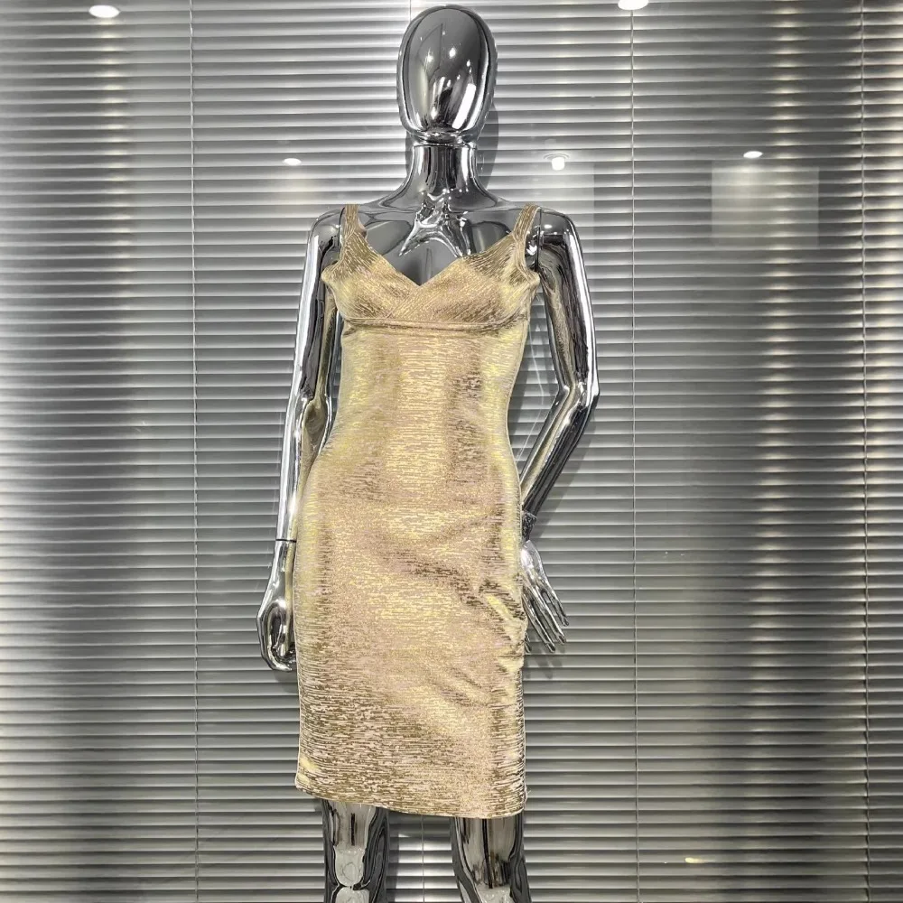 Sexy Luxury Gold Bronzing Bandage Dress Sleeveless V Neck Backless Bodycon Mini Dress High Street Going Out Club Evening Dresses
