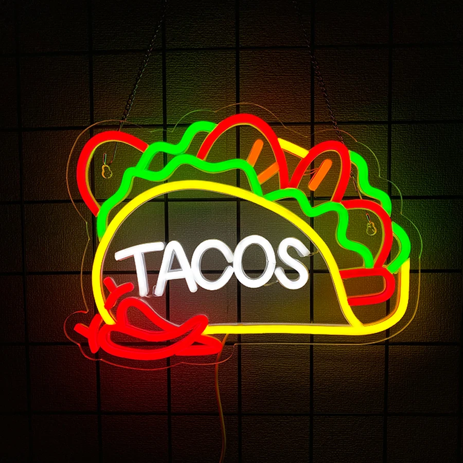USB Powered Tacos LED Neon Sign, Mexican Food Wall Hanging Light for Taco Shop, Bar, Diner, Taco Tuesday Party Decor