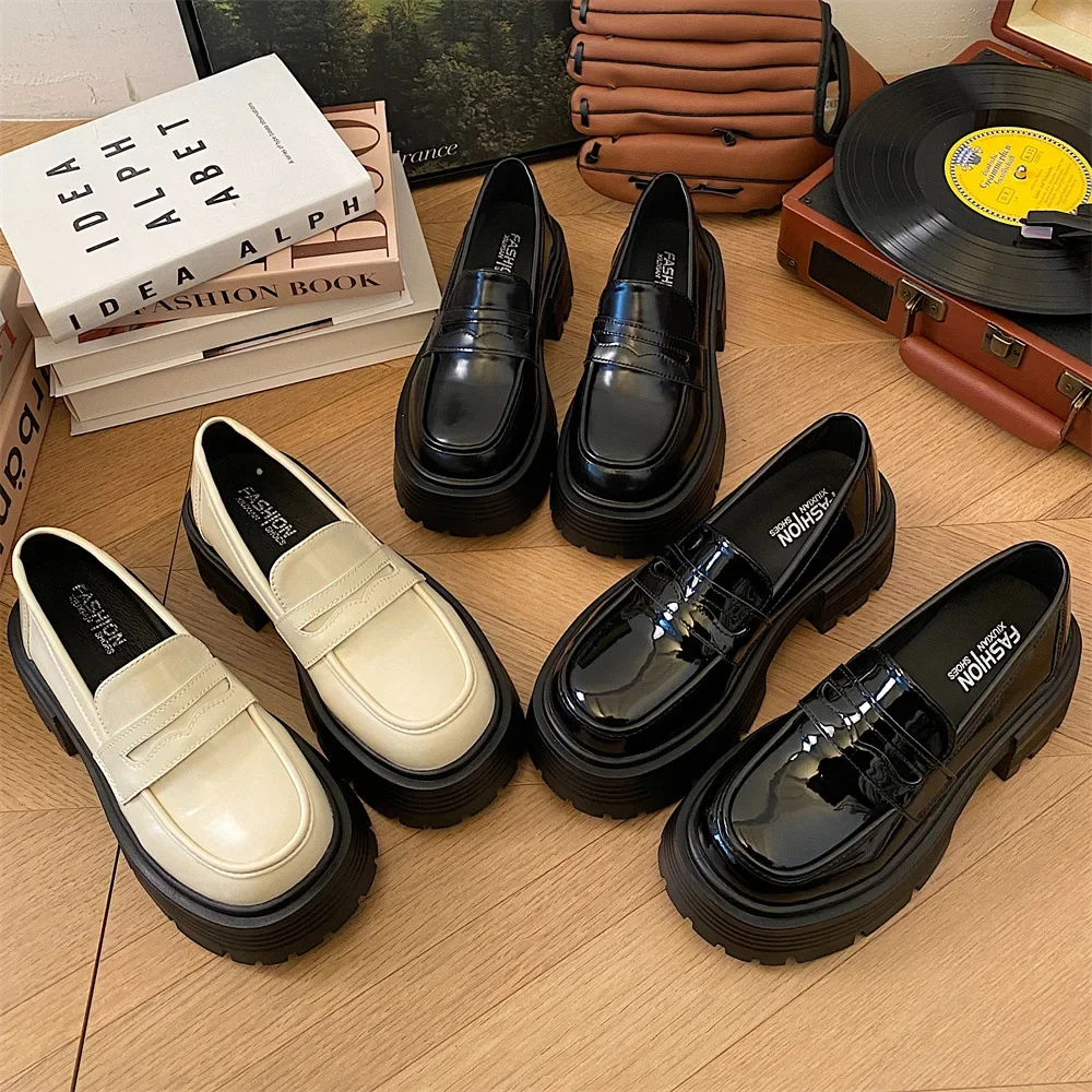 Patent Leather Chunky Platform Loafers Women Japanese Style Student Uniform Shoes Woman Thick Sole Non-Slip Black Casual Shoes
